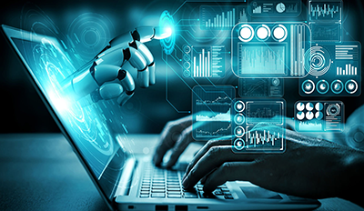 AI rending of cybernetic hand coming out of laptop in matrix style sci fi.
