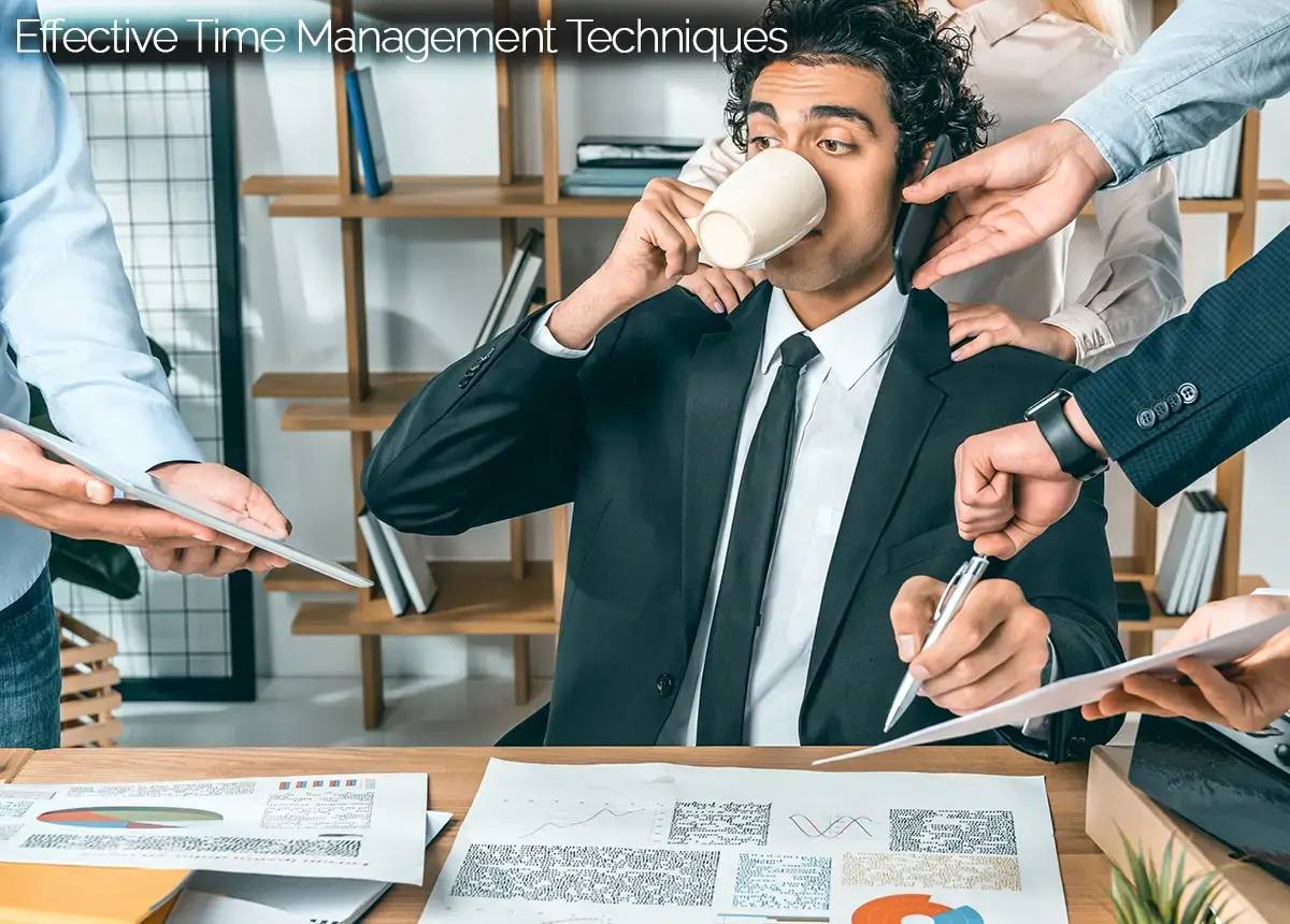 Several coworkers demanding time from a single worker trying to manage their time.