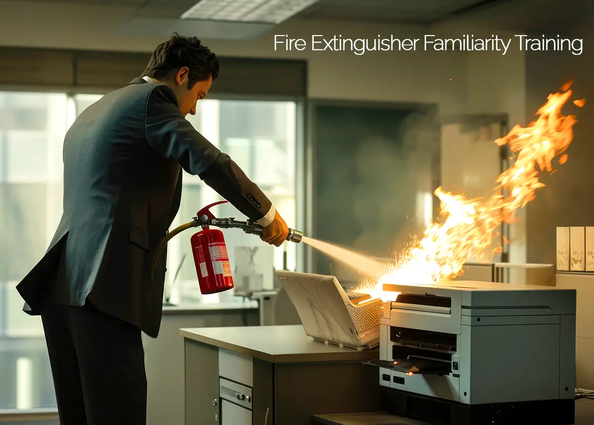 AI rendering of office worker putting out small desk fire with fire extinguisher.