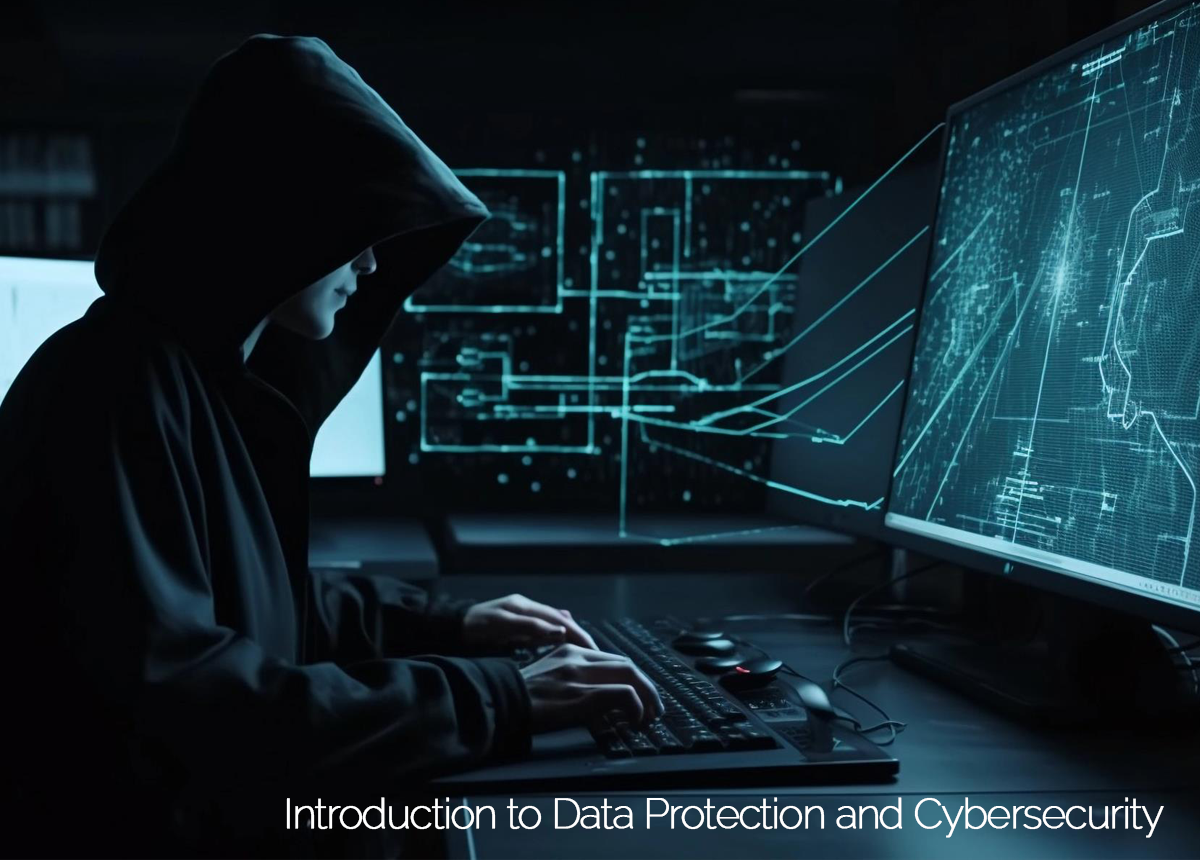 AI rendering of hacker in dark background hacking into work terminal. Title of course overlay.