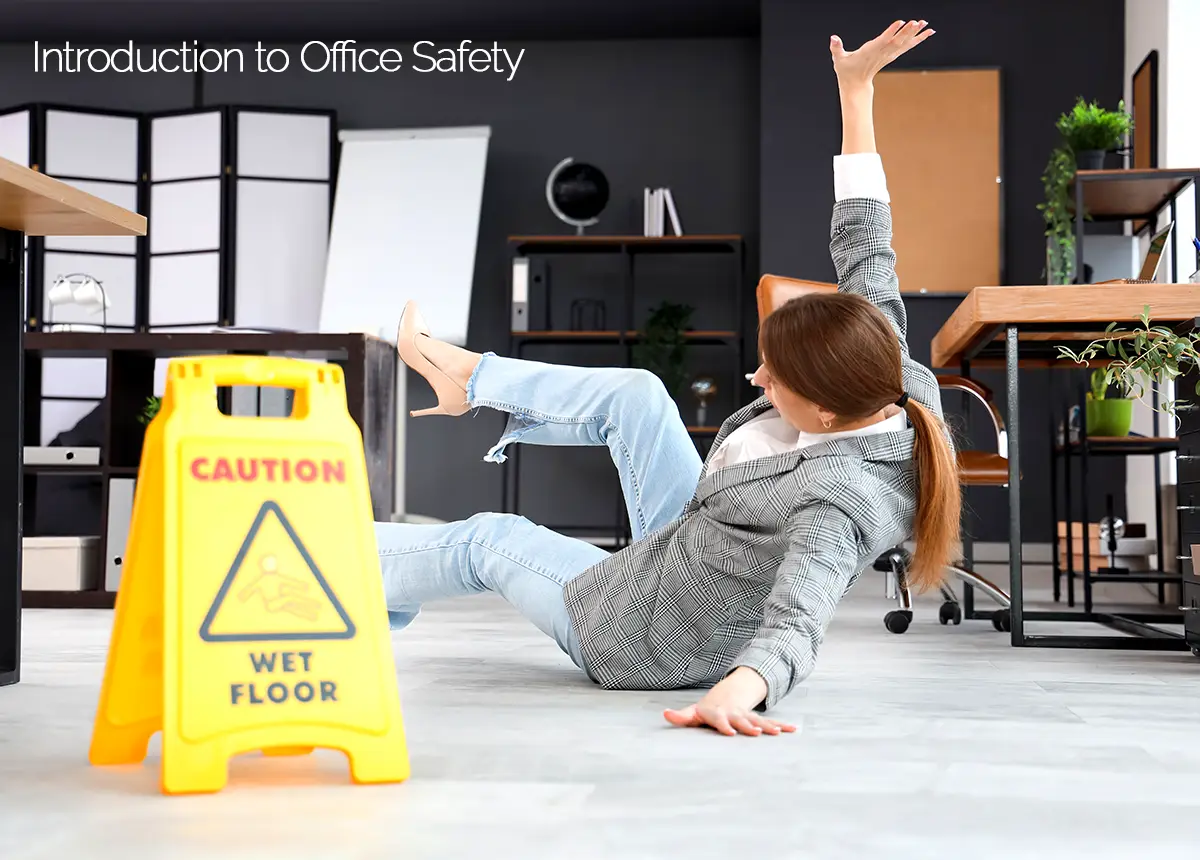 Office working slipping on wet floor.