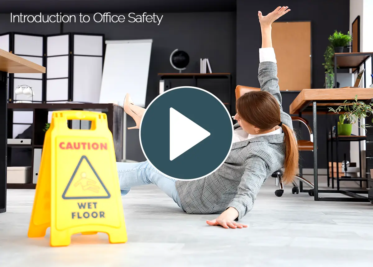Office worker wearing high heals falls on wet floor with wet floor sign displayed in front of her.