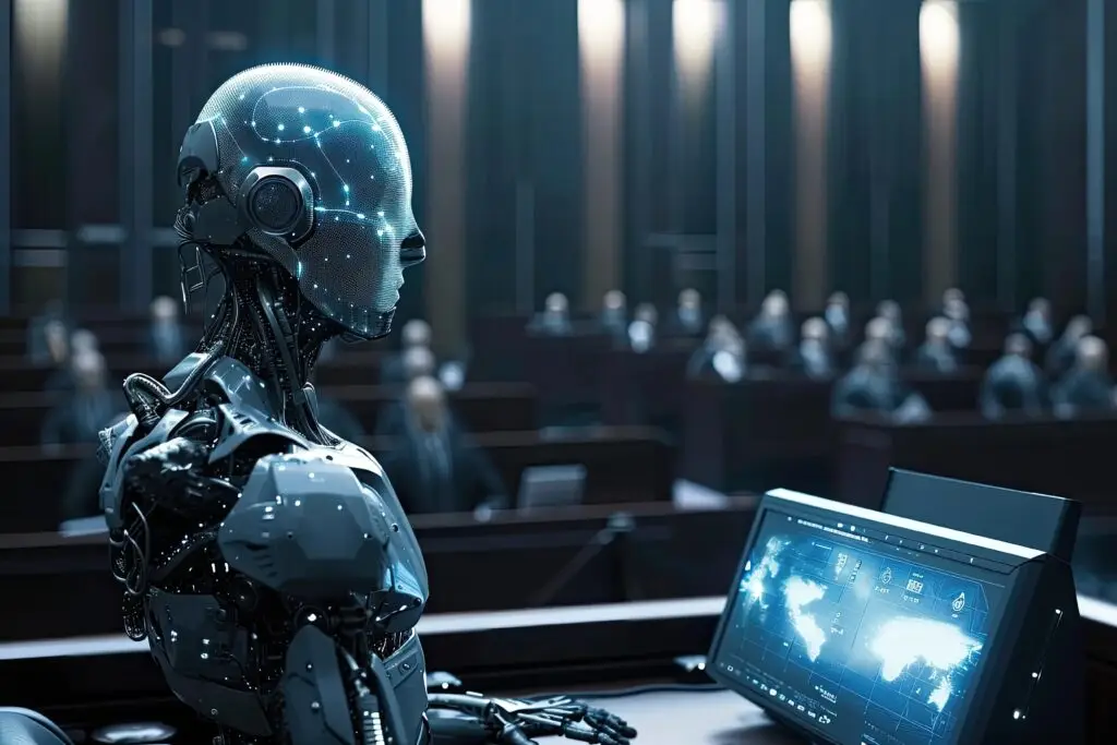An AI rendering of an AI humanoid on a computer in a AI robotic classroom setting. Very Meta.