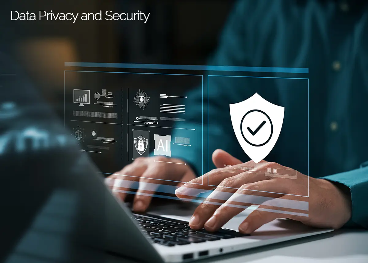 Person typing on laptop with rendered safe checkmark hovering over screen to demonstrate safe data security.