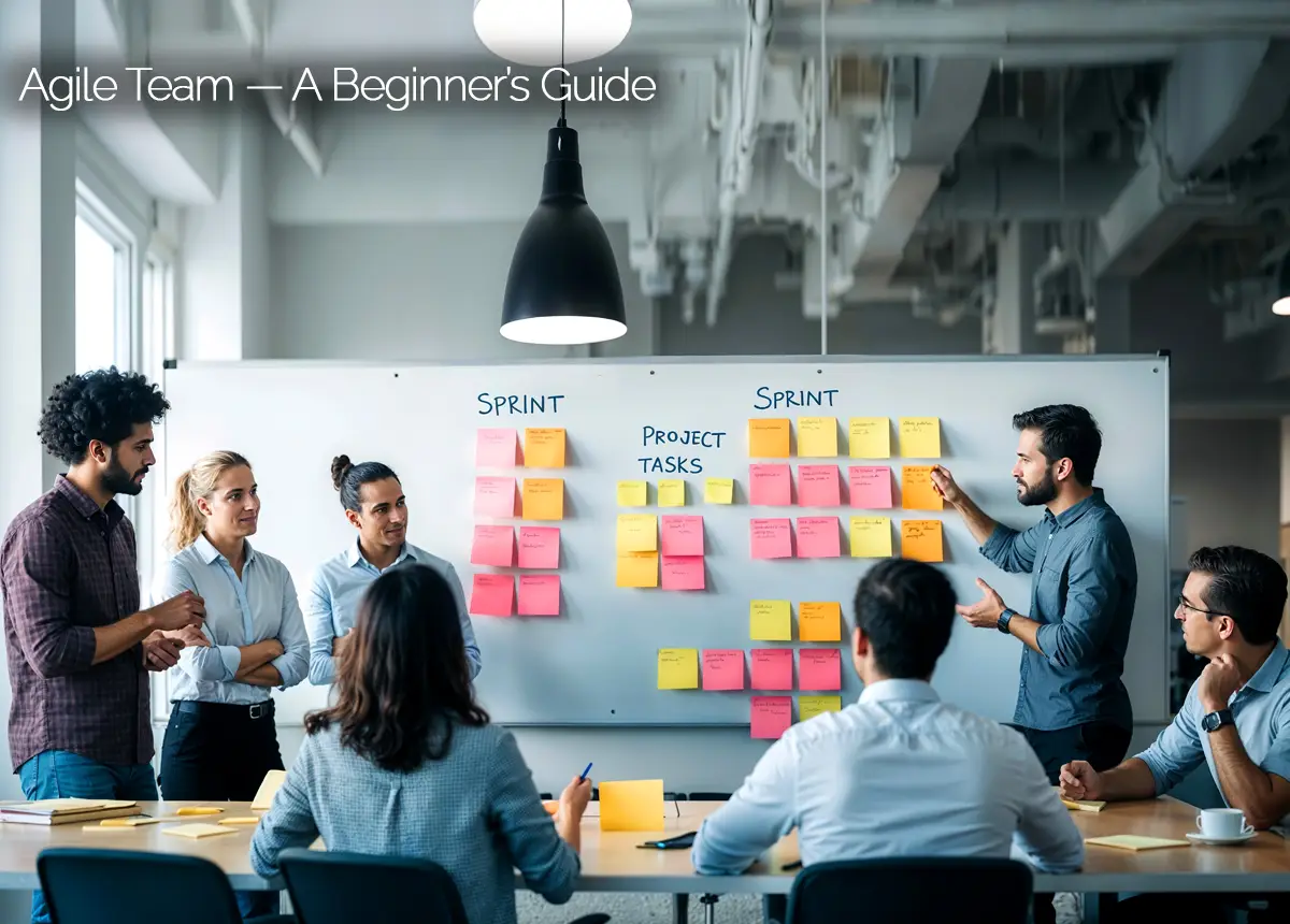 Several coworkers in open office setting working on physical Kaban board.