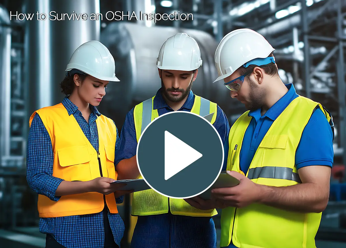 Three workers in a facility wearing yellow safety vests and hardhats.