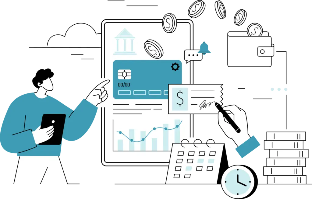 Digital image of person pointing at graphs with coins.