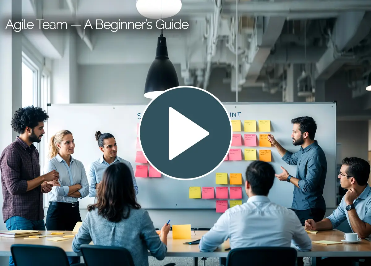 Intro video thumbnail for 'Welcome to the Agile Team – A Beginner’s Guide' course, showing a diverse agile team planning with sticky notes on a whiteboard in a modern office.