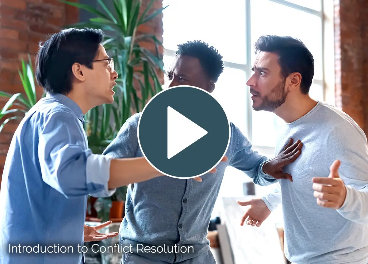 Intro video thumbnail for 'Introduction to Conflict Resolution' course, showing a mediator standing between two coworkers who are arguing in a bright office.