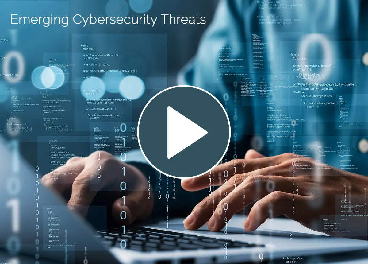 Intro video thumbnail for 'Emerging Cybersecurity Threats' course, with a person typing on a laptop surrounded by floating code and binary graphics.