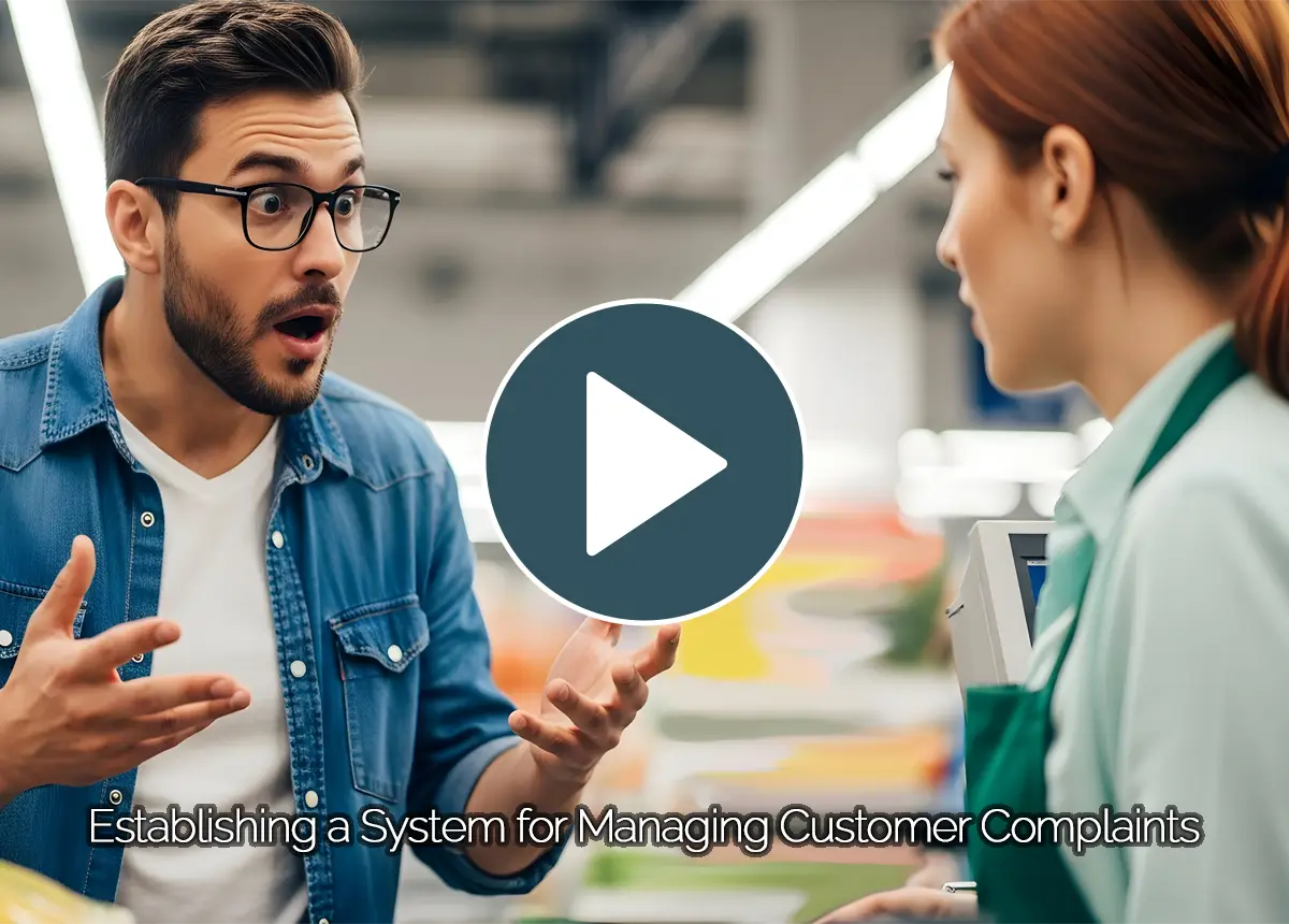 Intro video thumbnail for 'Establishing a System for Managing Customer Complaints' course, showing a frustrated customer speaking with a retail employee at the counter.