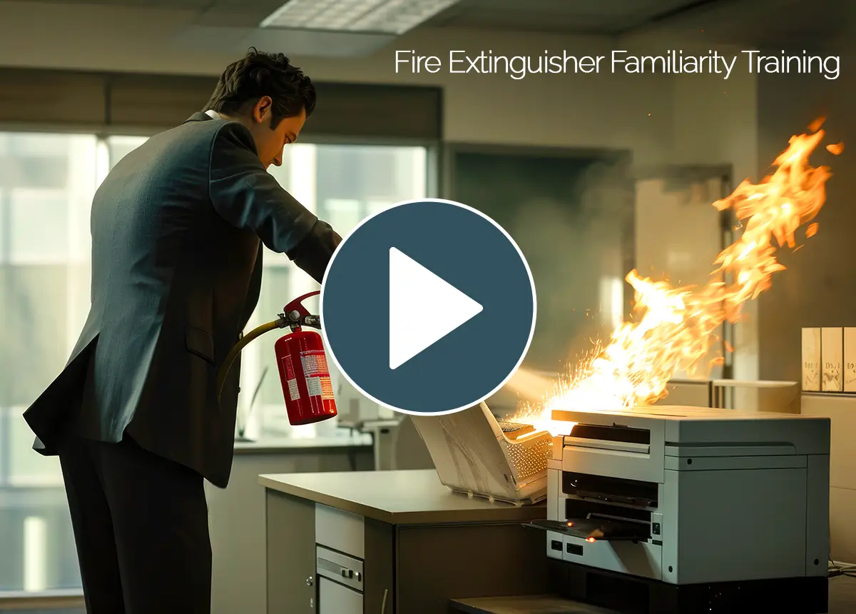 Intro video thumbnail for 'Fire Extinguisher Training' course, showing an office worker using a fire extinguisher on equipment that has caught fire.