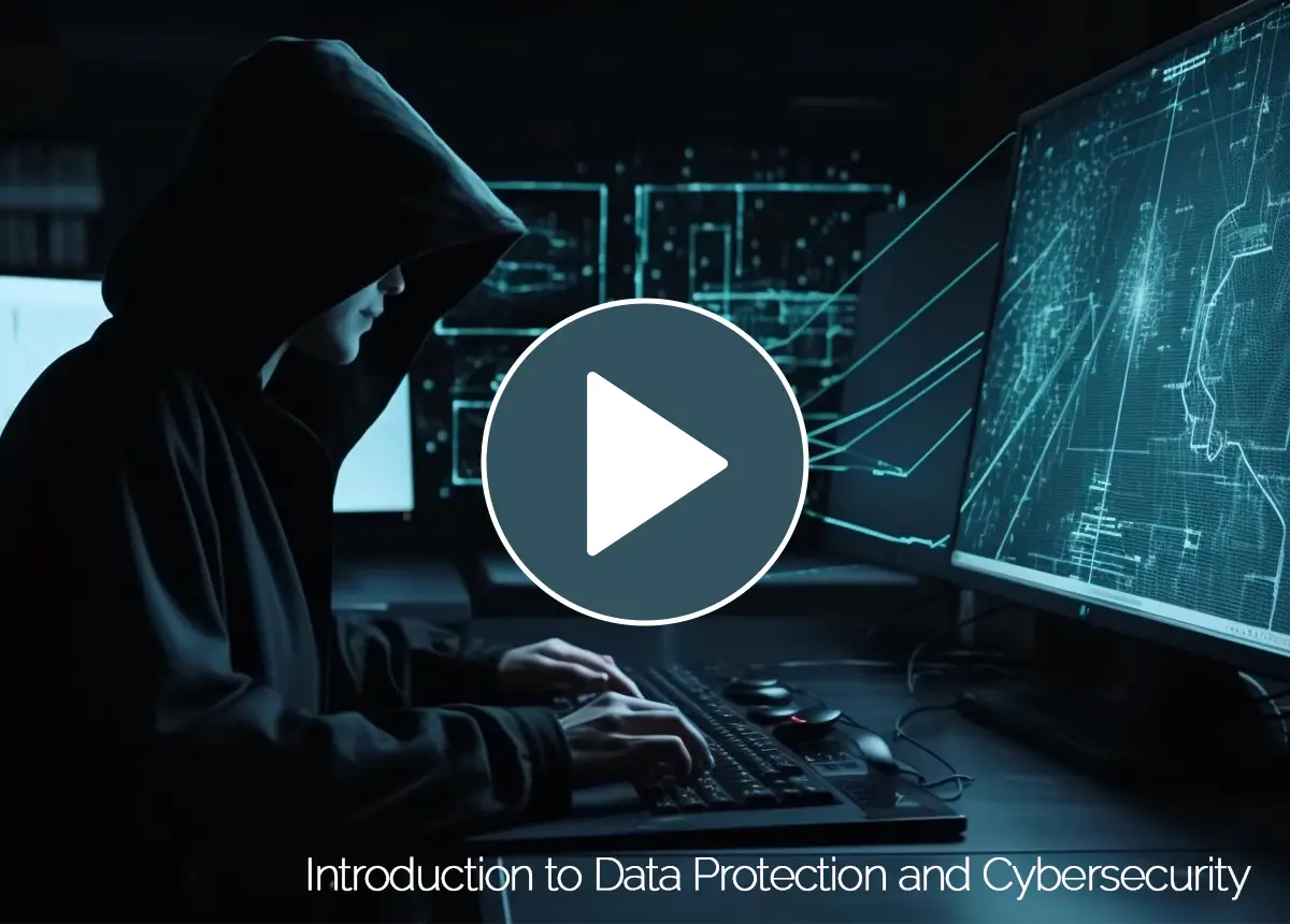 Intro video thumbnail for 'Emerging Cybersecurity Threats' course, with a person typing on a laptop surrounded by floating code and binary graphics.