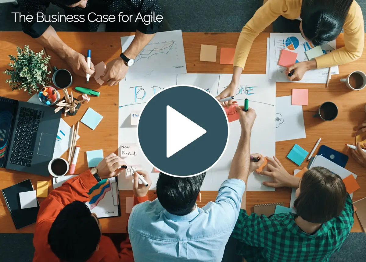 Intro video thumbnail for 'Welcome to the Agile Team – A Beginner’s Guide' course, showing a diverse agile team planning with sticky notes on a whiteboard in a modern office.