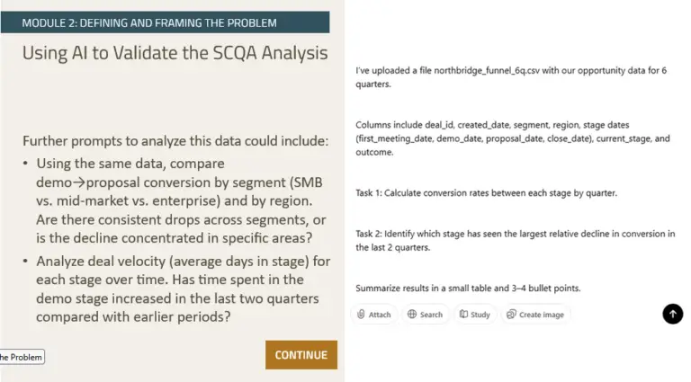 A presentation slide titled 'Using AI to Validate the SCQA Analysis.' It lists prompts for data analysis, such as comparing conversion rates by segment and analyzing deal velocity. Beside it is a chat interface showing a request to calculate conversion rates and identify declines in a sales funnel.