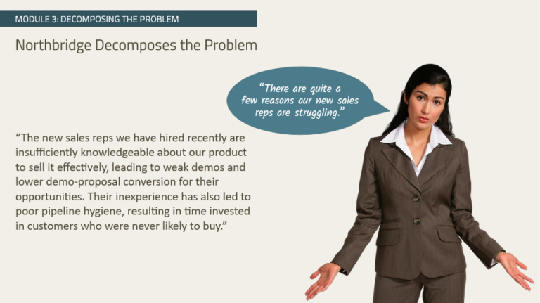 Slide titled 'Northbridge Decomposes the Problem' featuring an illustration of a concerned professional woman with a speech bubble saying 'There are quite a few reasons our new sales reps are struggling.' The body text explains that new hires lack product knowledge, leading to weak demos and poor pipeline hygiene.