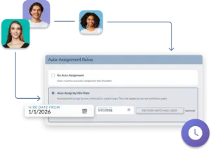 A conceptual graphic of the Knowledge Anywhere Auto-Assignment feature. Profile icons of three employees are connected by arrows to an 'Auto-Assignment Rules' settings box. The settings show 'Auto-Assign by Hire Date' selected, with a date range filter from 1/1/2026 to 3/31/2026.