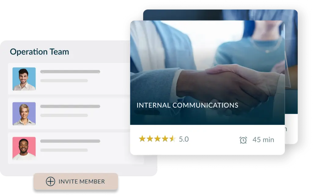A digital graphic showcasing a team management interface. On the left, an "Operation Team" panel lists three diverse team members with profile photos. In the foreground, a course card titled "INTERNAL COMMUNICATIONS" features an image of a handshake, a 5.0-star rating, and a 45-minute duration. A beige "INVITE MEMBER" button sits at the bottom.