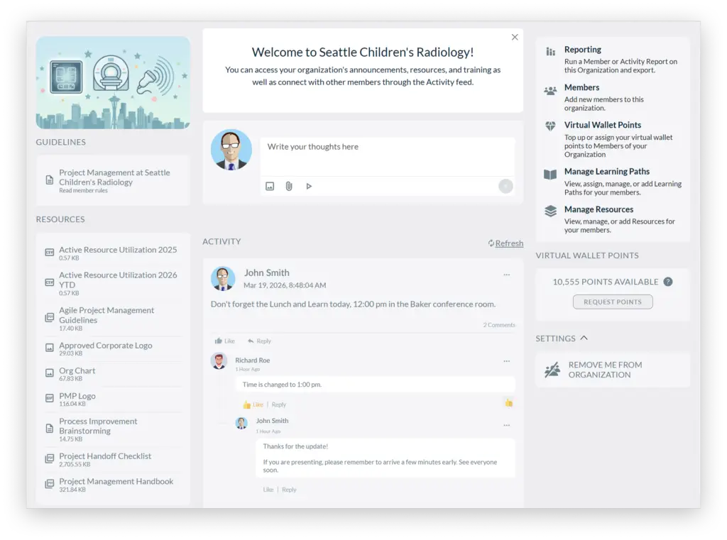 A learners view of an Organization in Learning Management System known as LMS.