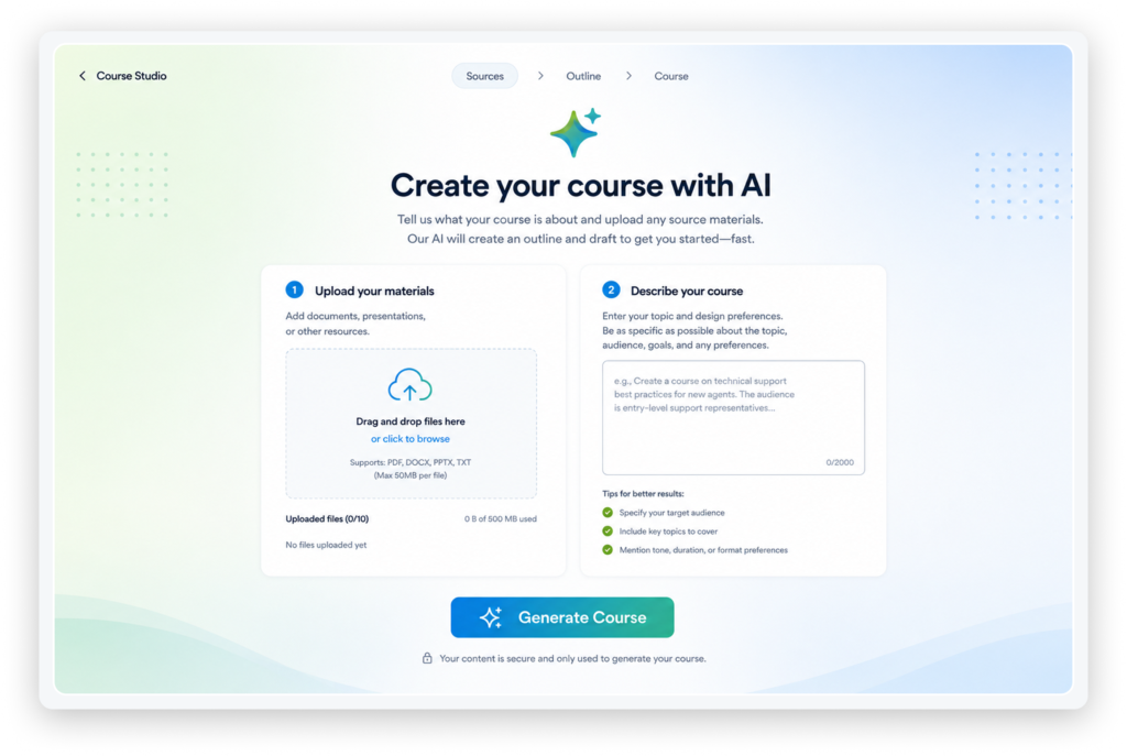 A user interface for an AI course creator titled "Create your course with AI." The page features two main steps: "1. Upload your materials," with a drag-and-drop area supporting PDF, DOCX, PPTX, and TXT files, and "2. Describe your course," featuring a text input box for topics and design preferences. A "Generate Course" button with a sparkle icon sits at the bottom. The design uses a clean, light blue and green gradient background with a progress breadcrumb at the top showing "Sources > Outline > Course."