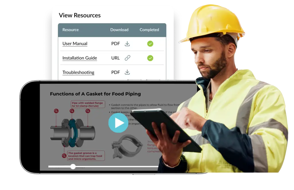 An image showing a worker in a yellow hard hat and safety vest using a tablet for on-the-job training. The graphic includes two digital overlays: * **Mobile Video Player:** Displays a technical lesson titled "Functions of A Gasket for Food Piping" with a play button. * **Resources Menu:** A "View Resources" list showing downloadable files like a "User Manual," "Installation Guide," and "Troubleshooting" guide, with green checkmarks for completed items. The image illustrates how the platform provides technical resources and training videos for workers in the field.