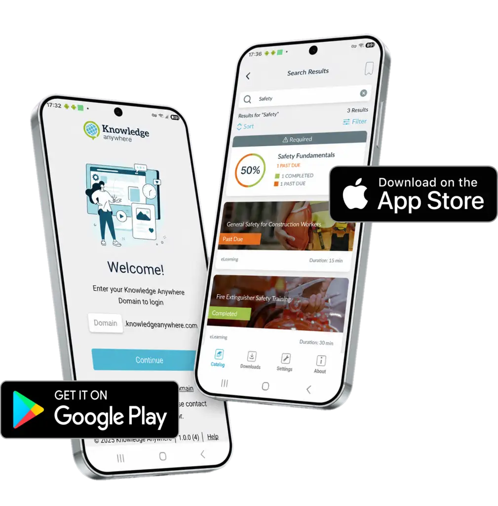 A promotional image showcasing the **Knowledge Anywhere** mobile app availability on both iOS and Android platforms. ### Image Details * **Left Smartphone:** Displays the app's **login screen** with a "Welcome!" message, a domain entry field, and a teal "Continue" button. A **Google Play** "Get it on" badge is positioned in the foreground. * **Right Smartphone:** Shows a **"Search Results"** screen for the term "Safety." It features: * A **Safety Fundamentals** learning path at **50% completion**. * Course listings for "General Safety for Construction Workers" (labeled **Past Due**) and "Fire Extinguisher Safety Training" (labeled **Completed**). * An **Apple App Store** "Download on the" badge is positioned to the right. The graphic uses a clean design against a black background to emphasize that the training platform is accessible across the two major mobile app stores.