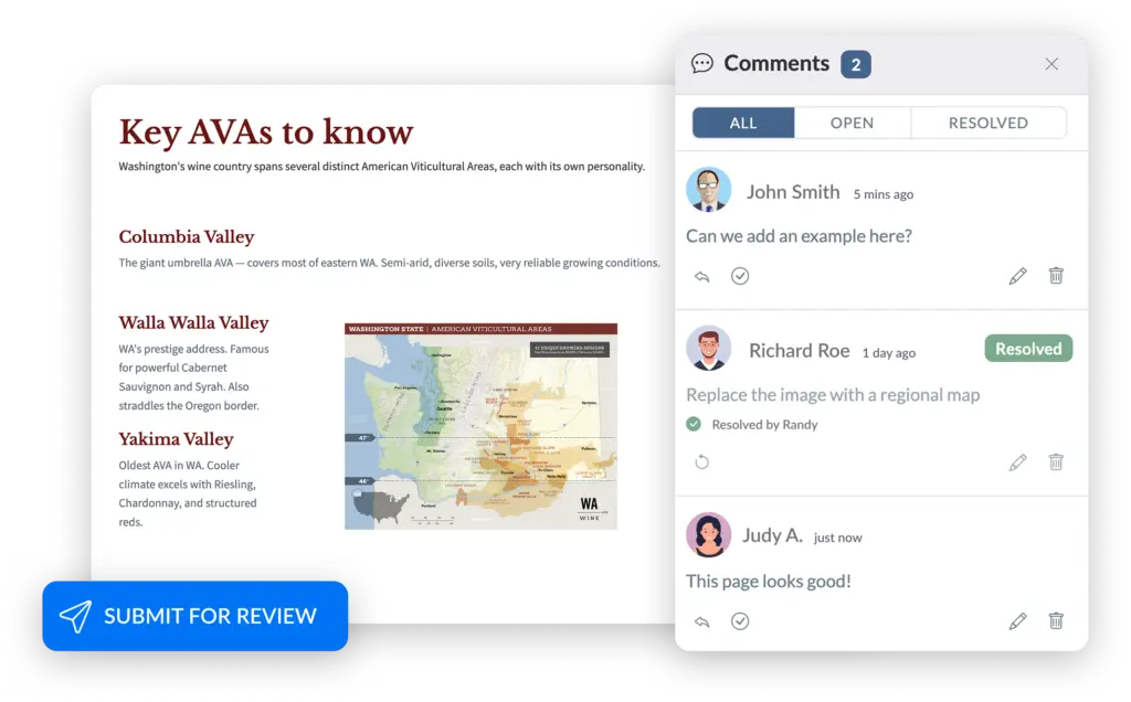 A screenshot of a course review interface featuring a page titled "Key AVAs to know," which describes wine regions like Columbia Valley and Walla Walla Valley alongside a map of Washington State. Overlaid on the right is a "Comments" sidebar showing a collaborative thread. John Smith asks to add an example, Richard Roe suggests replacing the image with a regional map (marked as "Resolved by Randy"), and Judy A. comments that the page looks good. A large blue "Submit for Review" button with a paper plane icon is visible at the bottom left.