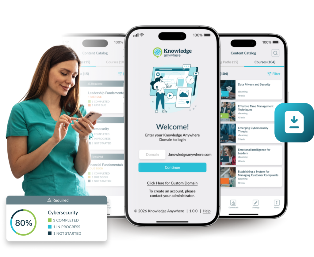 A promotional image for the Knowledge Anywhere mobile learning application. On the left, a woman in teal medical scrubs smiles while looking at her smartphone. Beside her, a pop-up graphic displays a "Cybersecurity" progress ring at 80%, showing 3 courses completed, 1 in progress, and 1 not started. In the center and right, three smartphone screens showcase the app interface. The background is a clean mix of white and dark grey, emphasizing the "take learning anywhere" theme for professionals.