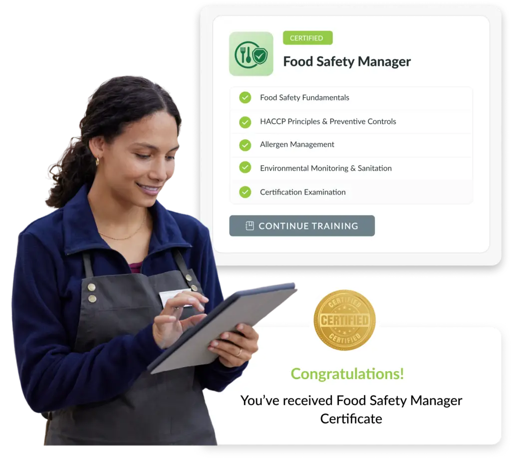 A young woman wearing an apron smiles while looking at a digital tablet. In the background, a user interface card for a "Food Safety Manager" certification shows a checklist of five completed modules with green checkmarks, including "Food Safety Fundamentals" and "Certification Examination", above a "CONTINUE TRAINING" button. A lower popup panel features a gold seal and reads, "Congratulations! You’ve received Food Safety Manager Certificate."