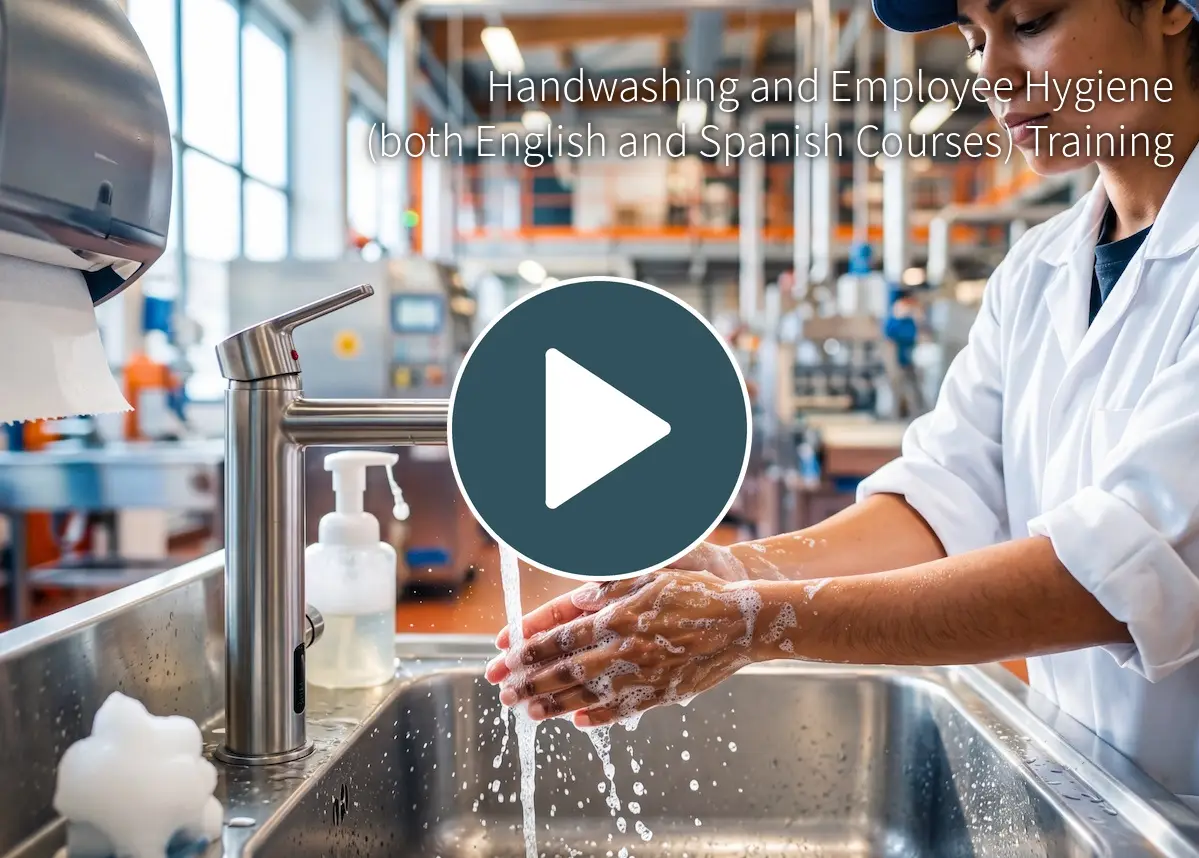 Woman worker washing hand at sink in food production factory. Employee following hygiene protocol for safety and sanitation in industrial facility. Compliance with health requirement.