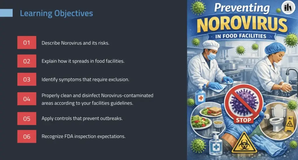 Screenshot one to the course Preventing Norovirus in Food Facilities.