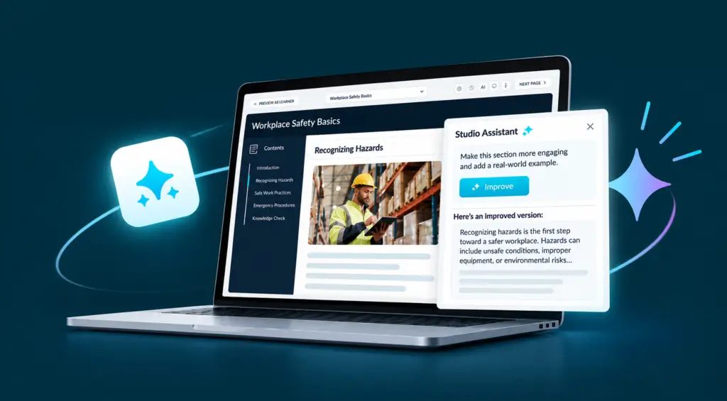 A laptop screen displaying an online course creation dashboard titled "Workplace Safety Basics" alongside an AI "Studio Assistant" popup window.