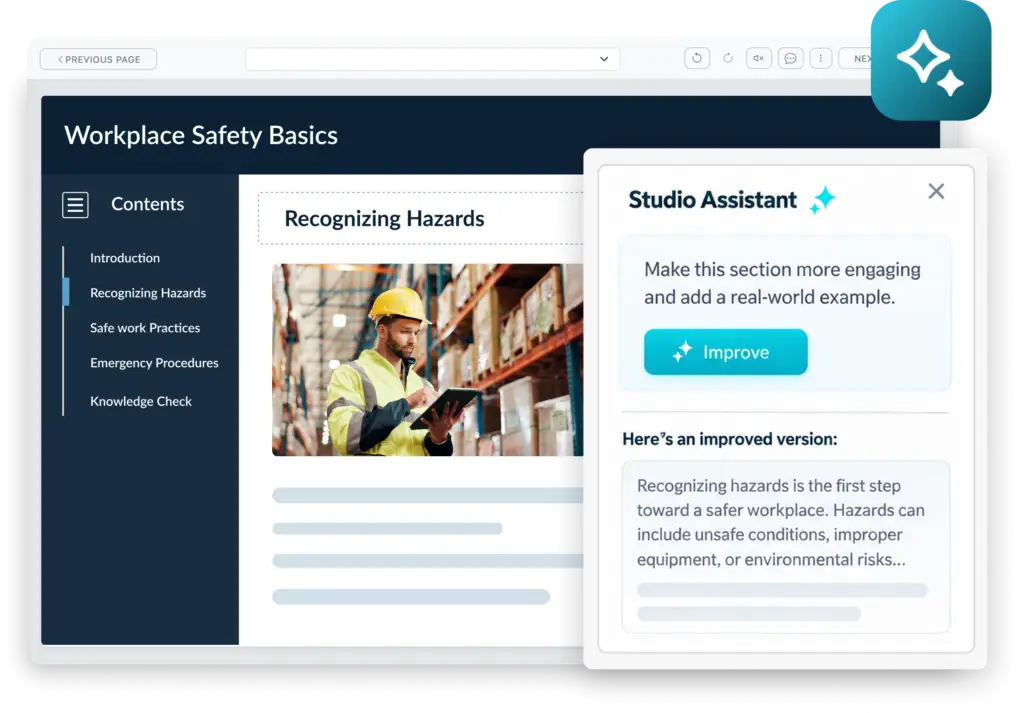 A close-up view of the Studio Assistant AI panel offering real-time improvements to a workplace safety course module.