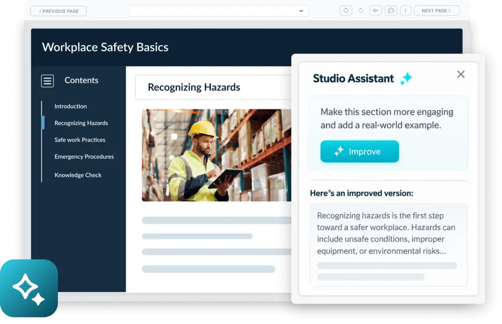 A close-up view of the Studio Assistant AI panel offering real-time improvements to a workplace safety course module.