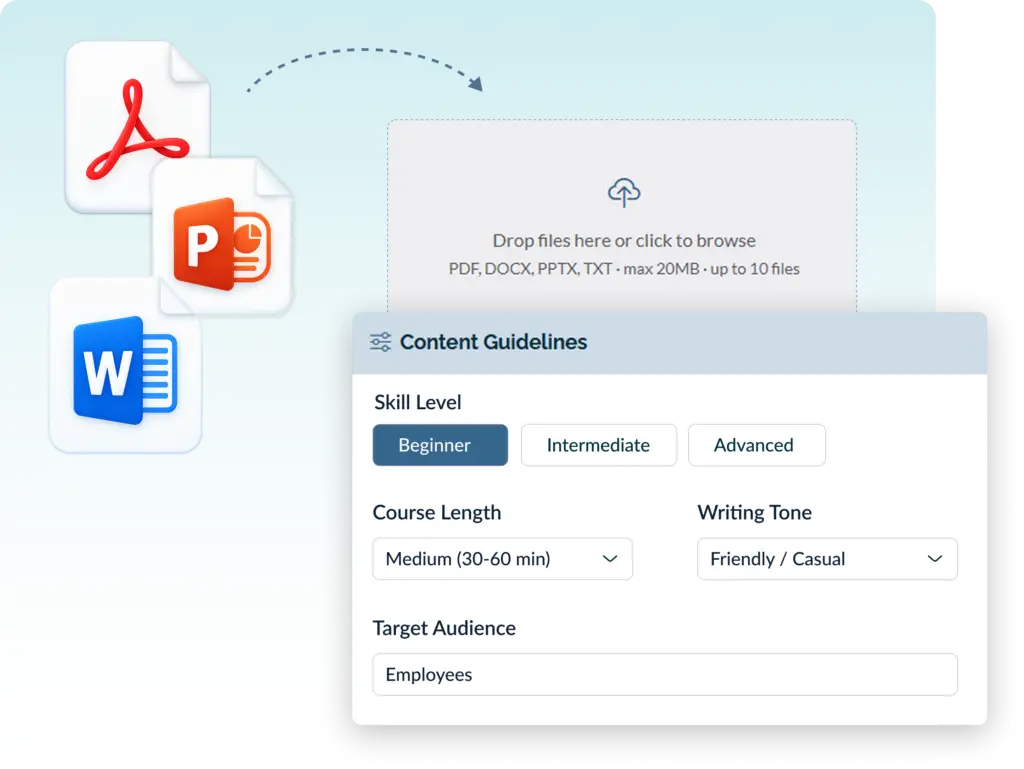 A document upload area alongside a Content Guidelines form for setting skill level, course length, writing tone, and target audience.