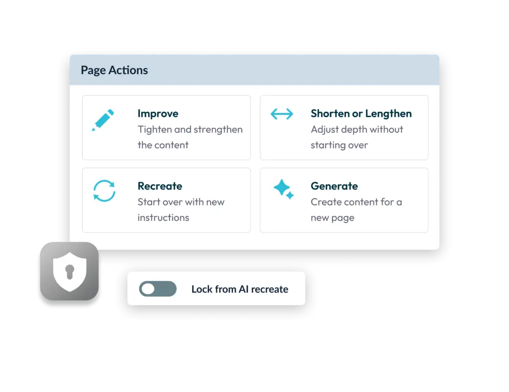 A menu showing Page Actions to improve, shorten, lengthen, recreate, or generate content, with an option to lock pages from AI recreation.