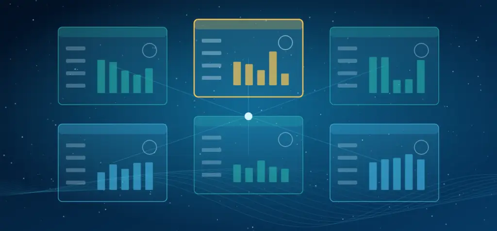 6 screens with 6 different graphs with blurred content meaning.